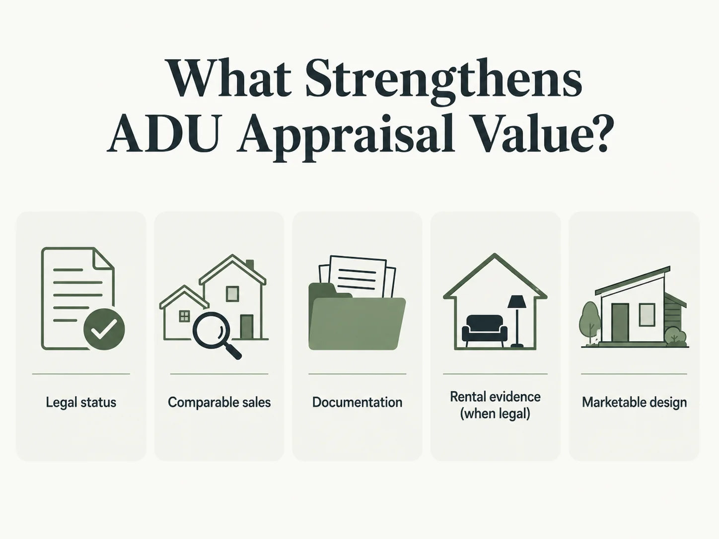 Infographic: What Strengthens ADU Appraisal Value — Legal status, Comparable sales, Documentation, Rental evidence when legal, Marketable design