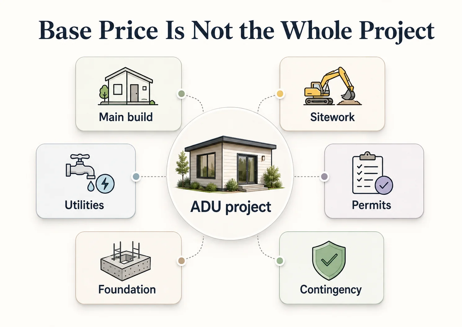 Diagram showing the gap between an ADU base-price quote and the true all-in project cost including site work, permits, utilities, and contingency