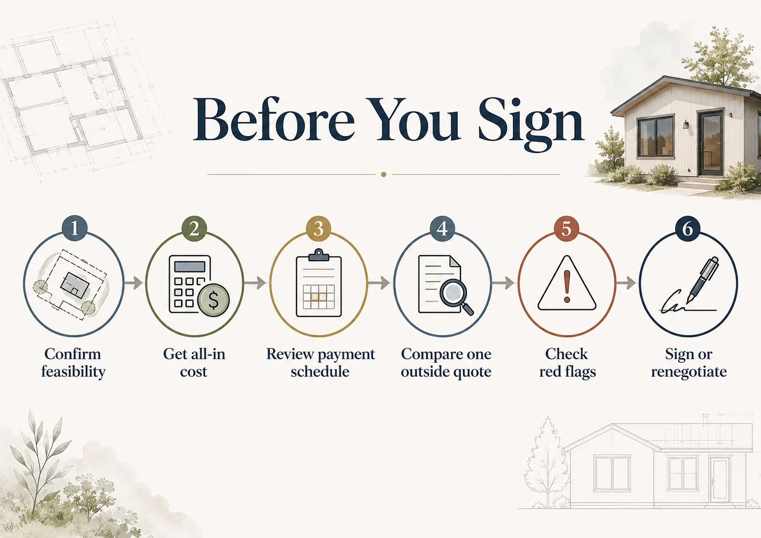 Visual checklist of nine ADU builder financing red flags a homeowner should audit before signing a construction contract