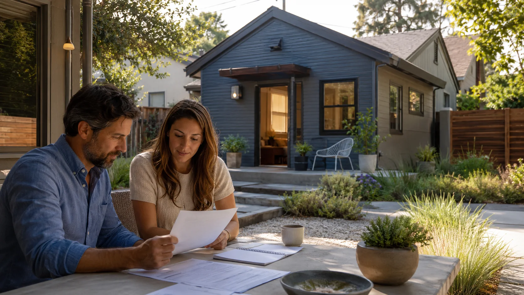 Homeowner at kitchen table comparing an ADU builder financing term sheet against independent loan quotes and a laptop displaying a HELOC application