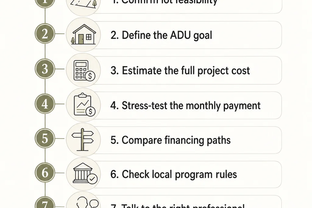 7-step ADU financing reality check for fixed-income homeowners.
