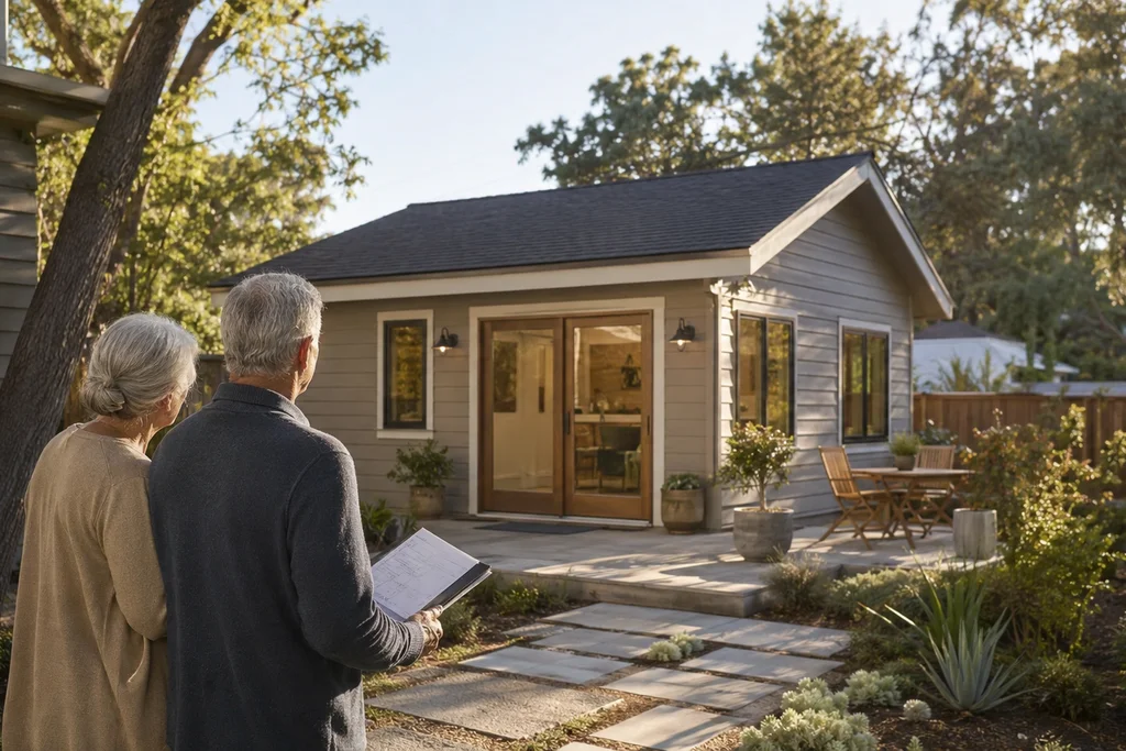Detached backyard ADU behind a single-family home — fixed-income ADU financing.