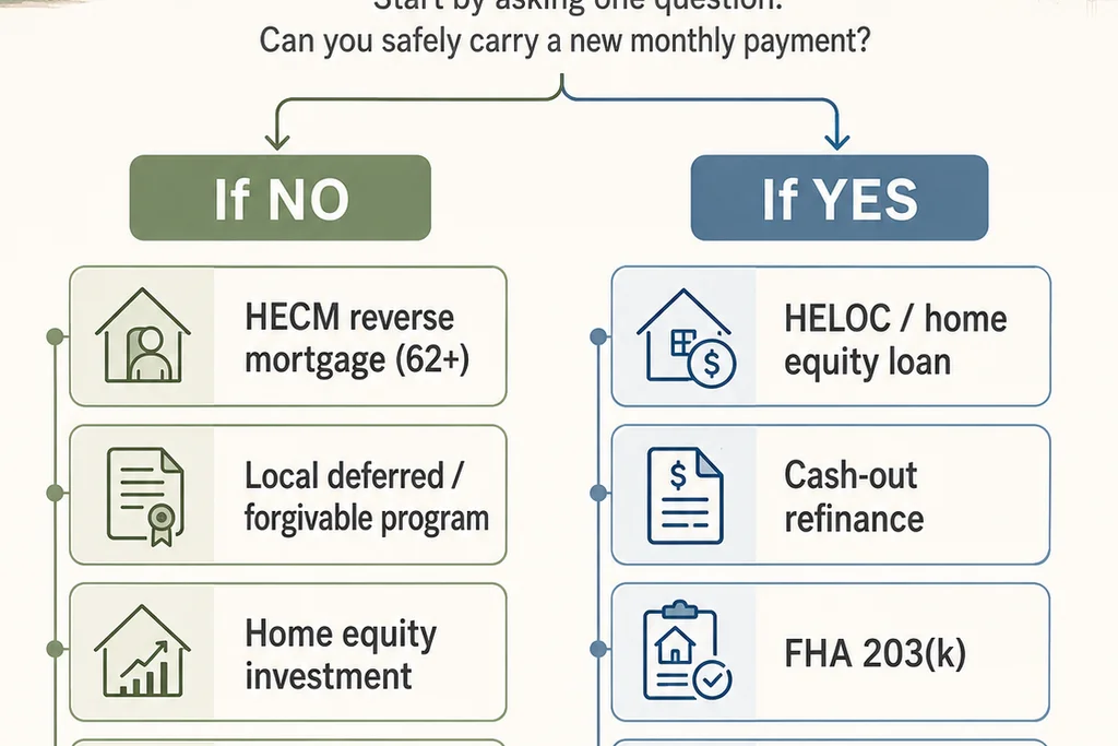 ADU financing paths for fixed-income homeowners sorted by monthly-payment risk.