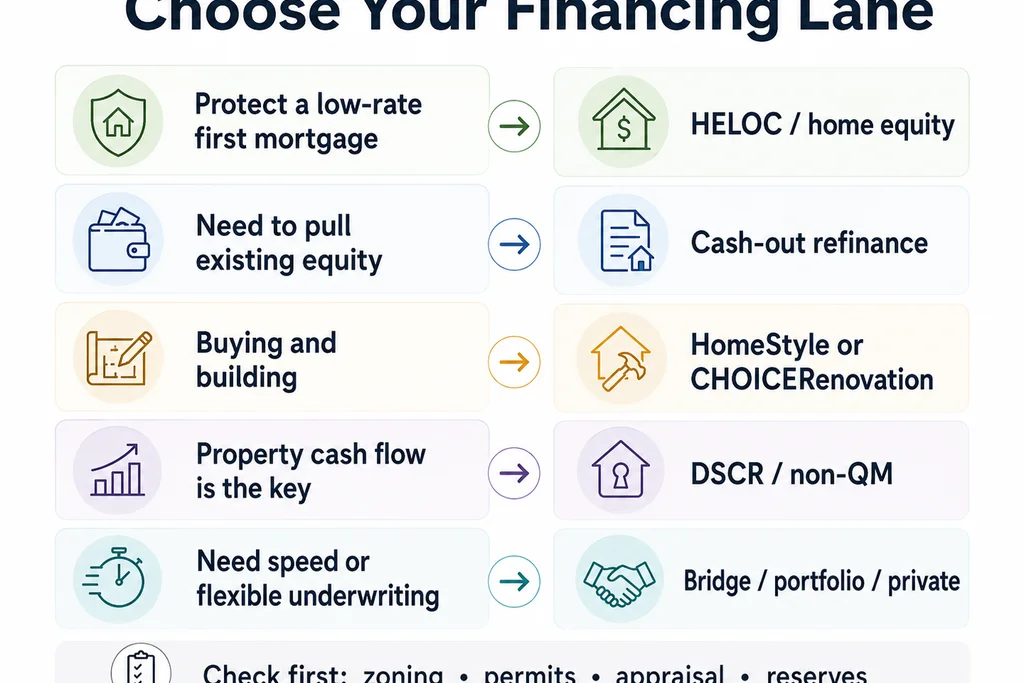 Choose Your Financing Lane infographic — mapping investor situations to HELOC, cash-out, HomeStyle, DSCR, and bridge loan paths.