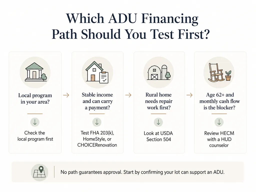 ADU financing path finder for low income homeowners: comparing current-value, future-value, and local-program funding types by equity, income, and blocker type.