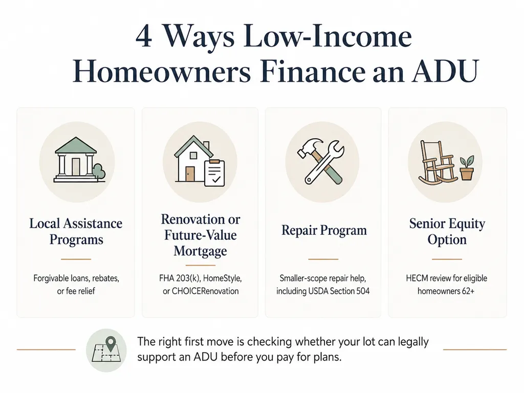 Four ADU financing lanes for low income homeowners: local assistance program, future-value mortgage, repair program, and senior equity path.