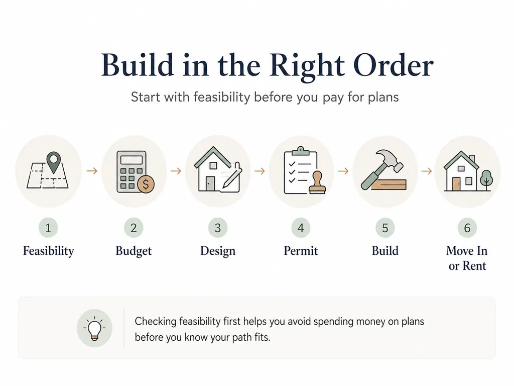 Safe build order for low income ADU financing: feasibility first, then program verification, then financing, then plans — illustrated as a 7-day action plan.
