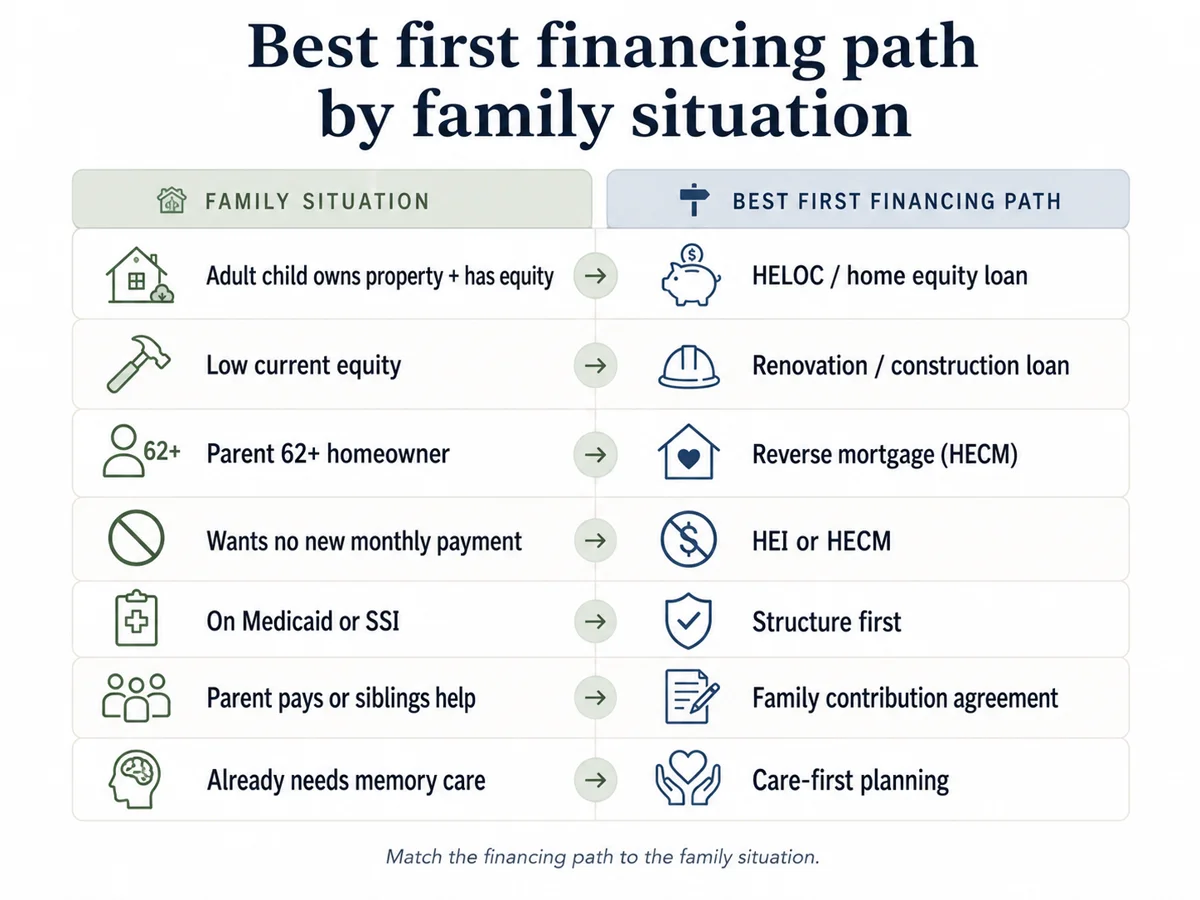 Infographic showing the best first financing path by family situation: adult child with equity gets HELOC or home equity loan, parent 62+ gets reverse mortgage HECM, parent on Medicaid or SSI needs structure first