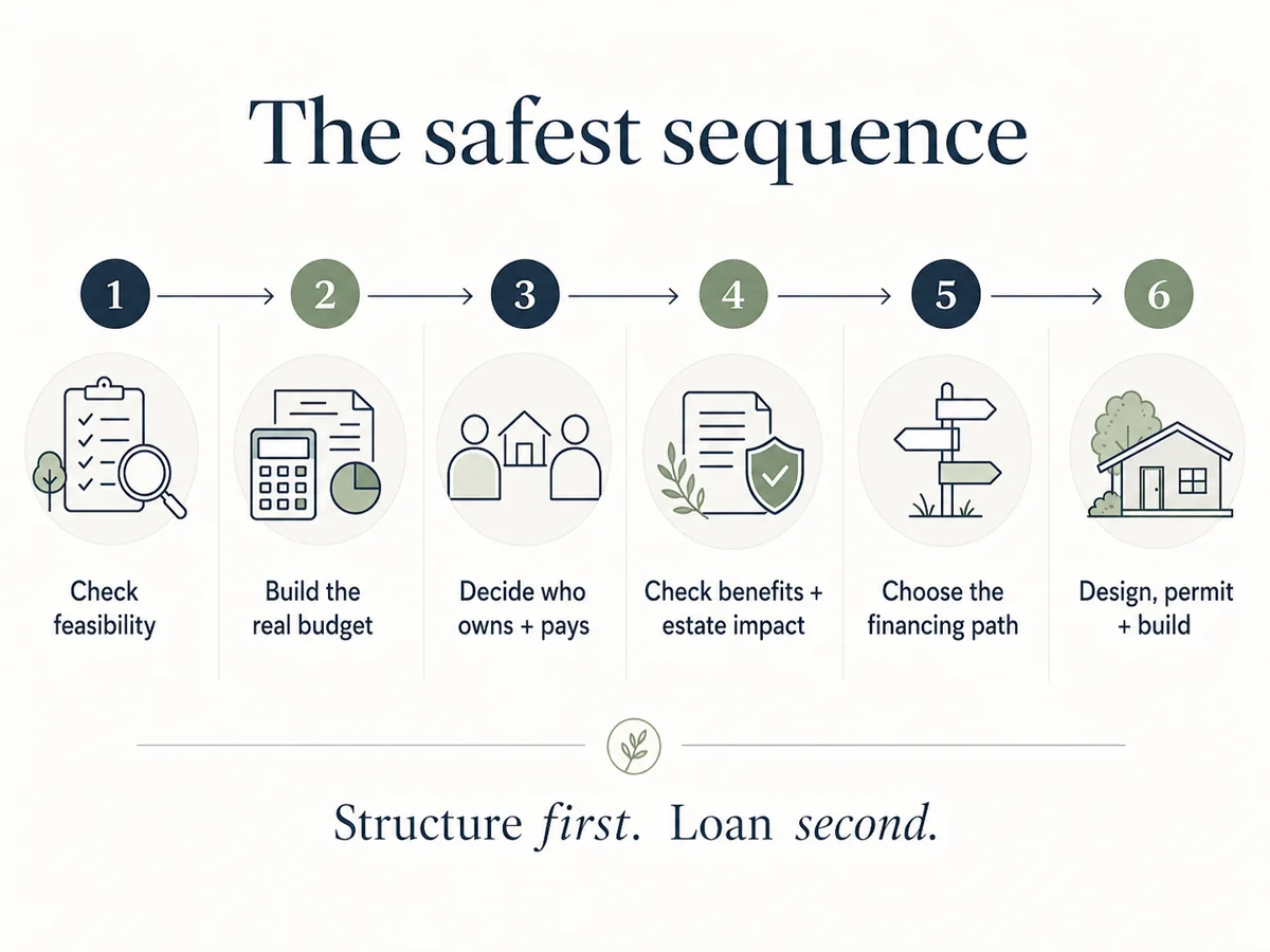 Six-step infographic showing the safest sequence for financing an ADU for aging parents: check feasibility, build the real budget, decide who owns and pays, check benefits and estate impact, choose the financing path, then design permit and build