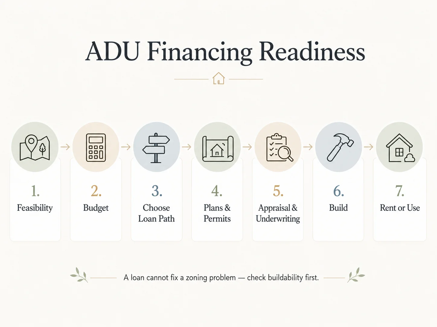 ADU financing readiness 7-step process: feasibility, budget, choose loan path, plans and permits, appraisal and underwriting, build, rent or use