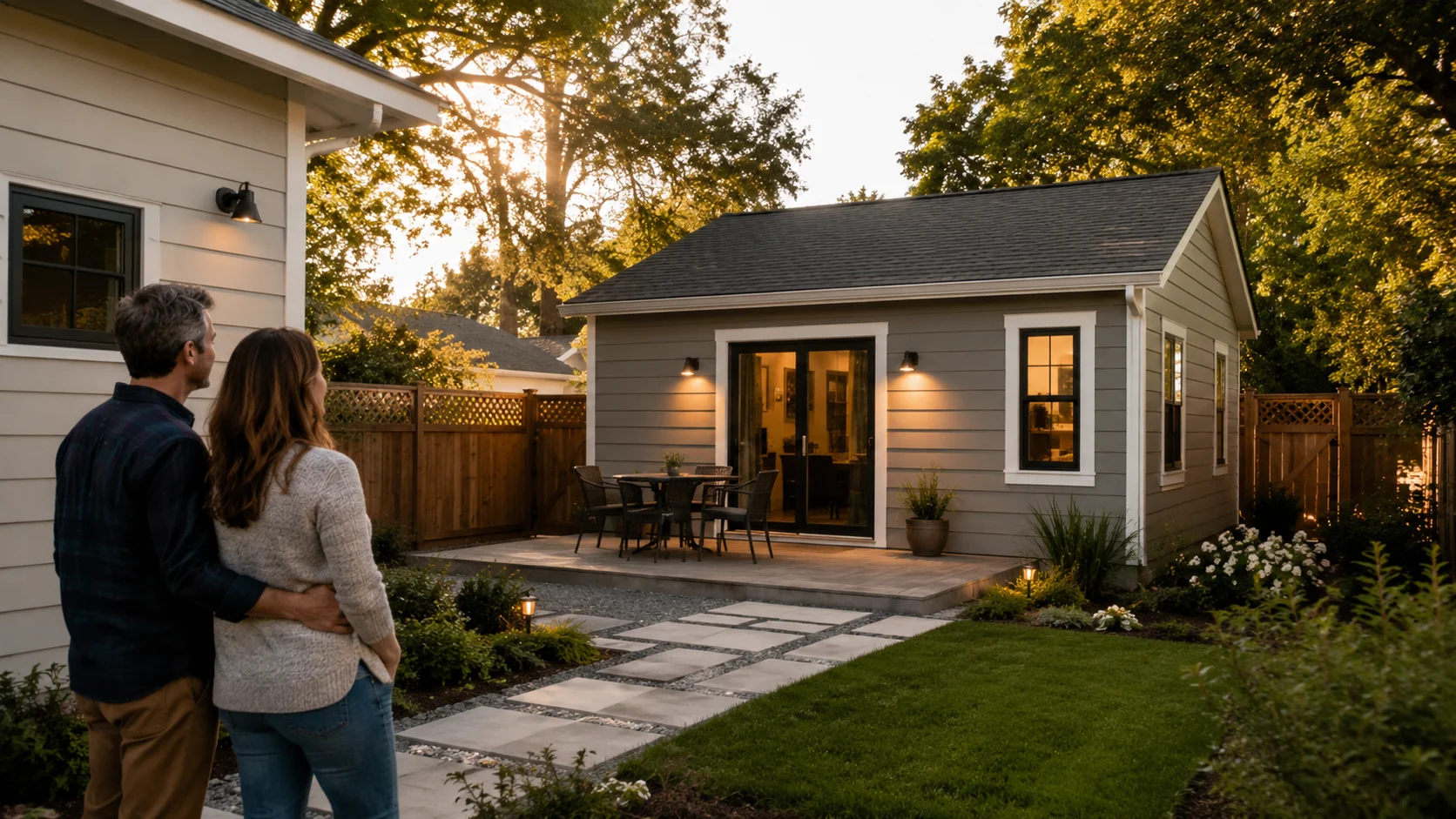 Couple viewing their completed backyard ADU at dusk — after-renovation value loan guide 2026