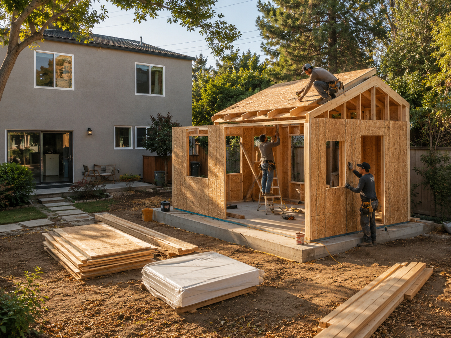 Three workers assembling a backyard ADU kit shell on a slab foundation, with lumber and panels staged on the ground — The Dwelling Index