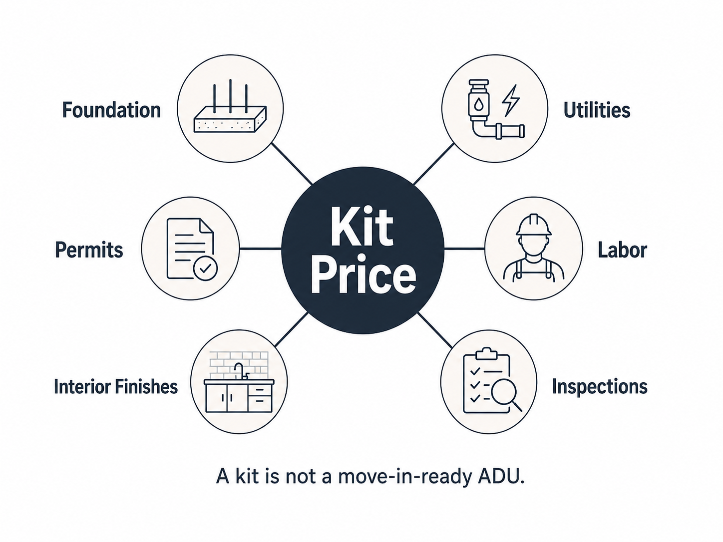 Diagram showing the six cost categories missing from a backyard ADU kit price: Foundation, Utilities, Labor, Permits, Interior Finishes, and Inspections — The Dwelling Index