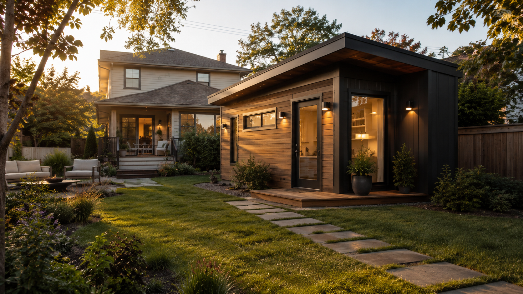 A finished backyard ADU kit installed in a suburban yard at dusk, showing cedar siding and large windows — The Dwelling Index