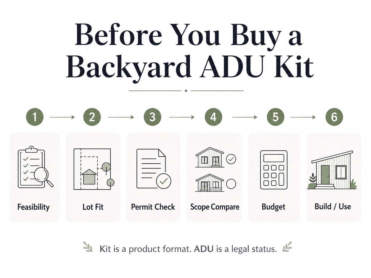 Six-step 'Before You Buy a Backyard ADU Kit' checklist infographic: Feasibility, Lot Fit, Permit Check, Scope Compare, Budget, Build/Use — The Dwelling Index