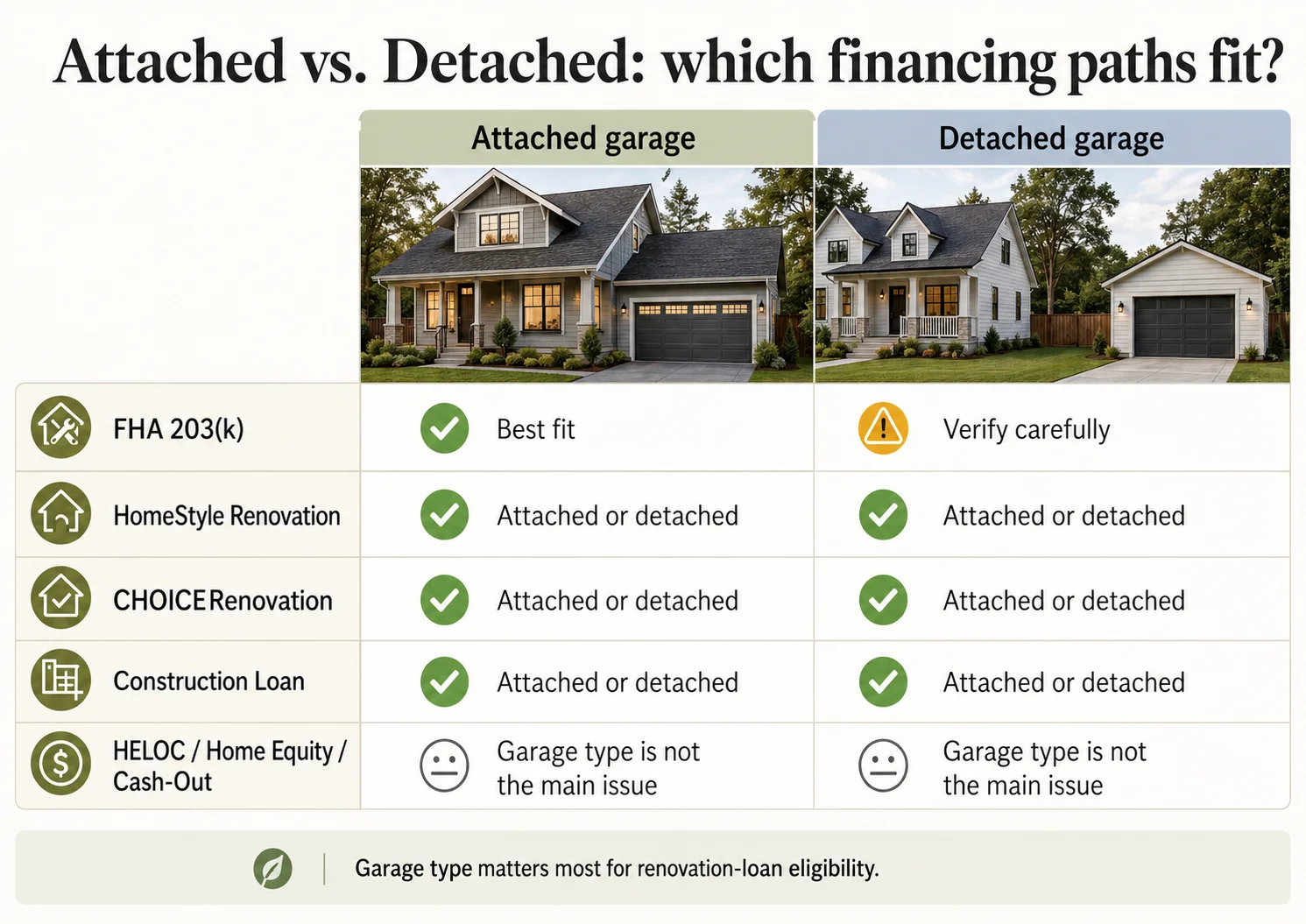 Comparison of attached versus detached garage ADU financing paths by loan program: FHA 203k, HomeStyle Renovation, CHOICERenovation, Construction Loan, HELOC