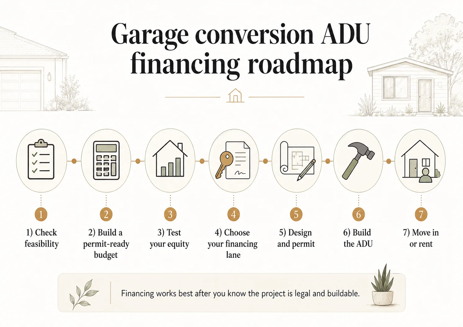 Garage conversion ADU financing roadmap: 7 steps from feasibility check through building permit to move-in or rent
