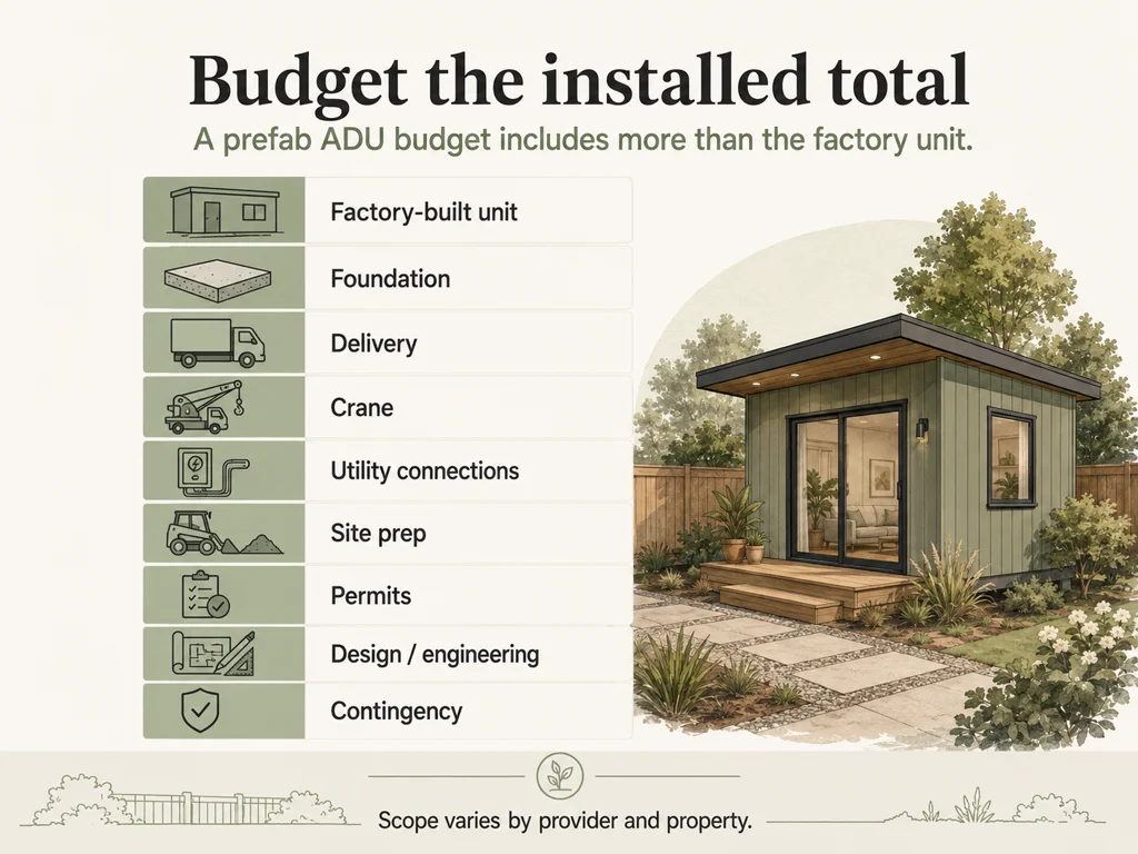 Infographic listing the full installed prefab ADU budget components: factory unit, foundation, delivery, crane, utility connections, site prep, permits, design and engineering, and contingency