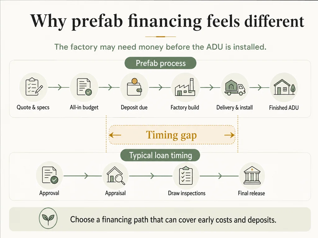 Diagram showing the timing gap between the prefab factory deposit schedule and the typical loan draw schedule, from quote through finished ADU