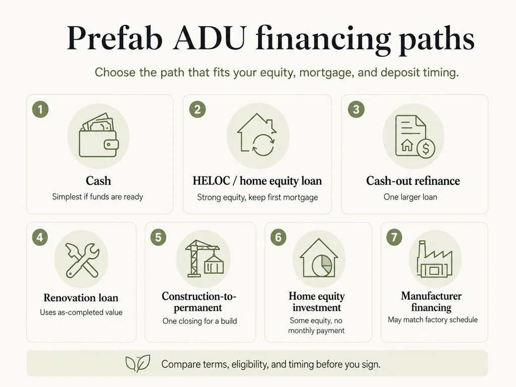 Infographic showing the 7 prefab ADU financing paths: cash, HELOC or home equity loan, cash-out refinance, renovation loan, construction-to-permanent, home equity investment, and manufacturer financing