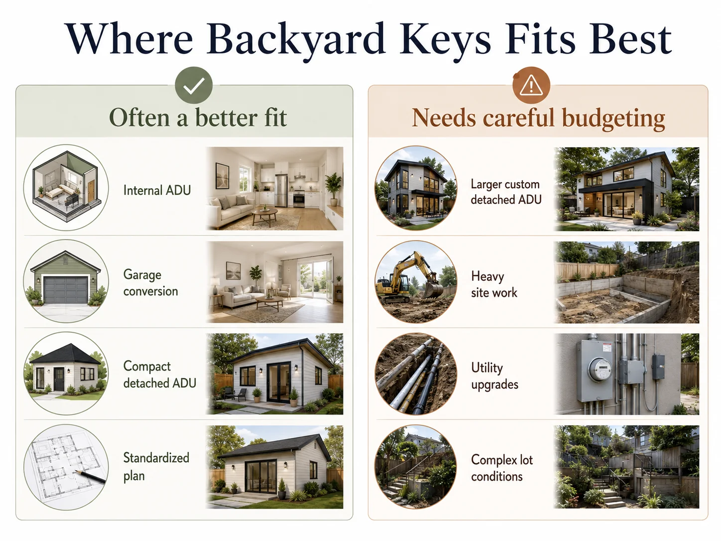 Where Backyard Keys fits best: internal ADUs, garage conversions, compact detached, and standardized plans are often a better fit; larger custom detached ADUs, heavy site work, utility upgrades, and complex lot conditions need careful budgeting