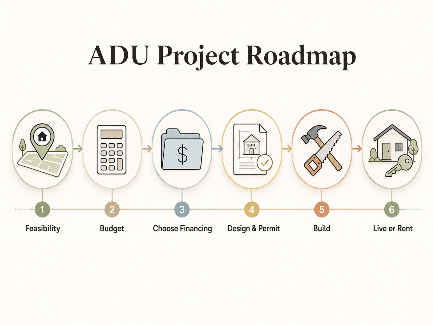 ADU Project Roadmap showing 6 steps: Feasibility, Budget, Choose Financing, Design and Permit, Build, Live or Rent
