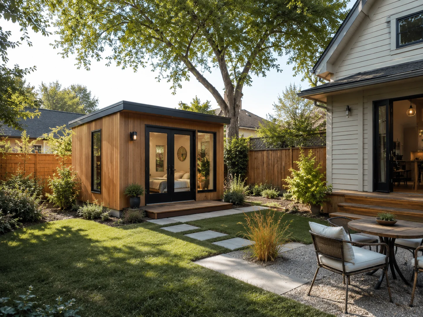 Prefab ADU in a backyard lot showing installed unit in context.