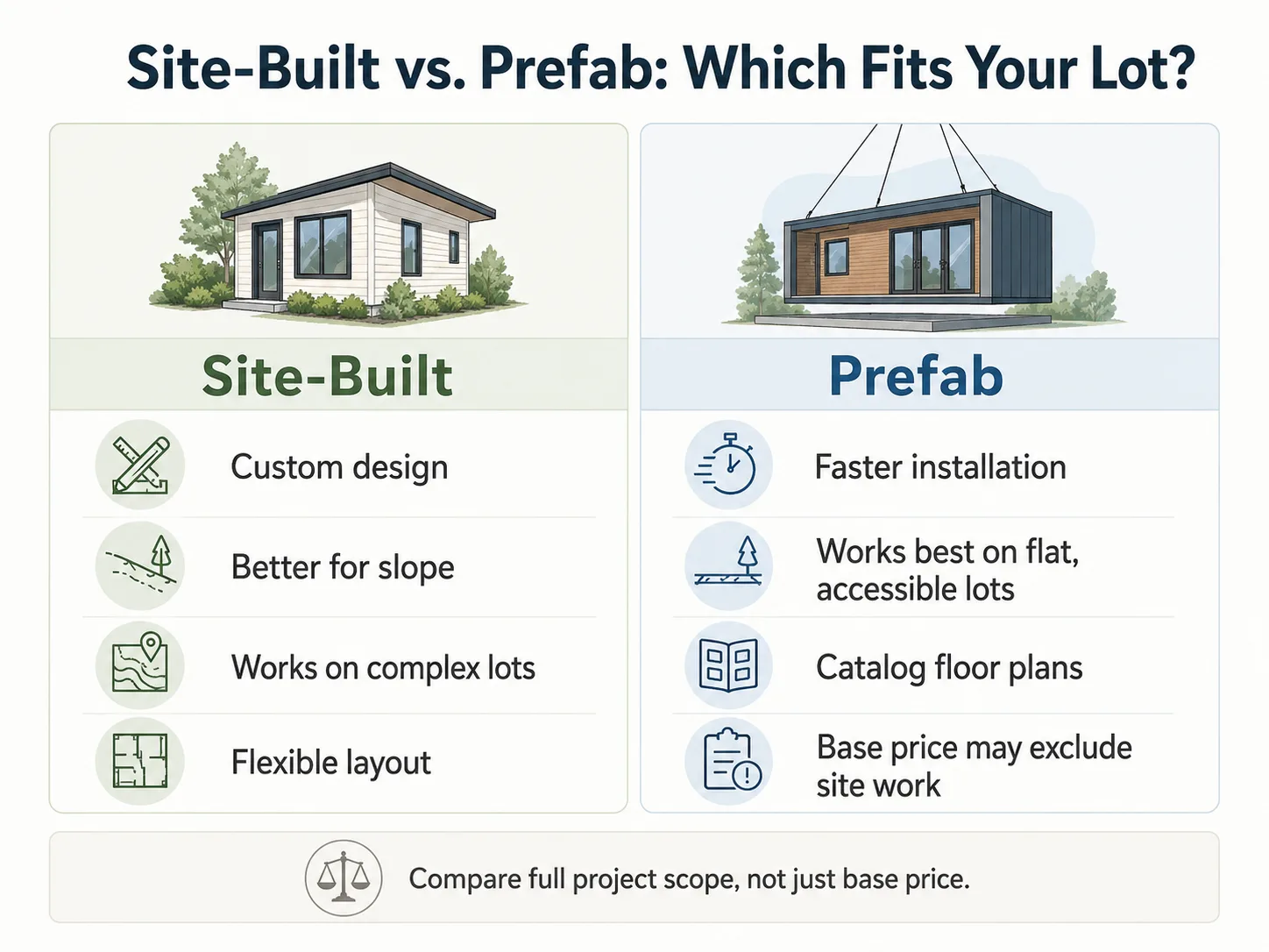 Bonsall ADU 2026 cost stack: site-built vs. prefab modular for typical 600, 800, 1,000, and 1,200 sq ft units