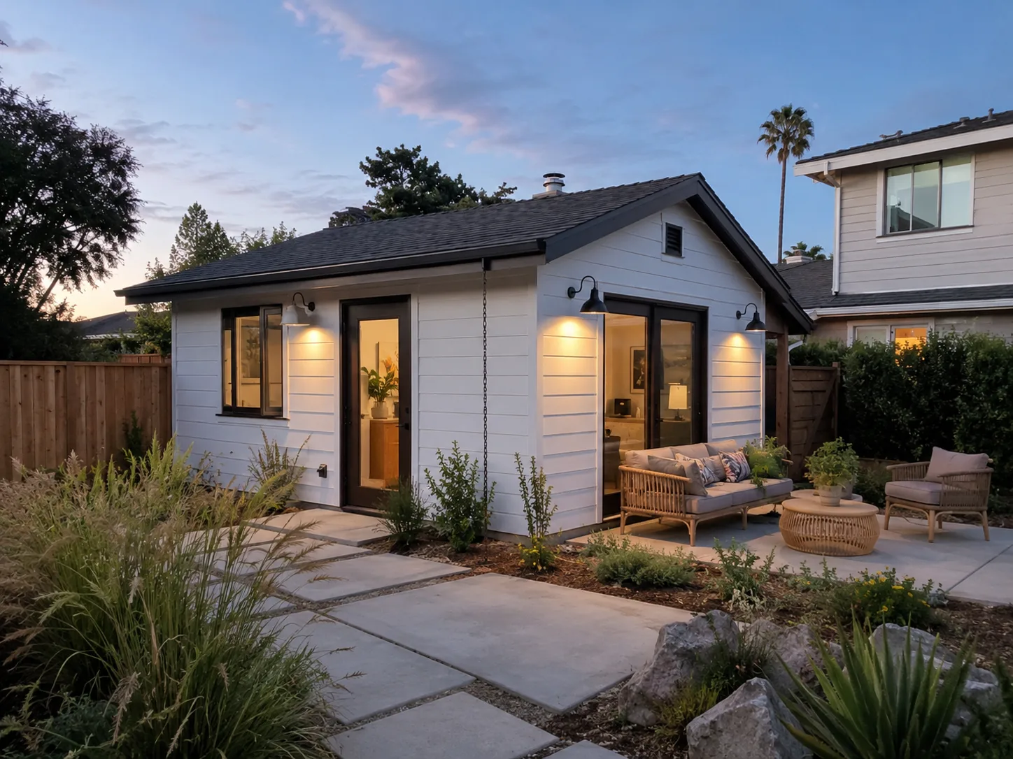 Site-built detached ADU evening exterior in Cardiff-adjacent coastal neighborhood