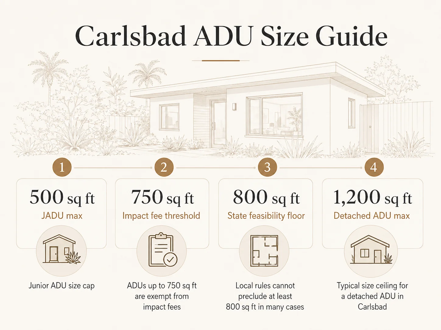 Carlsbad ADU all-in cost by size, 2026: 500/750/1,000/1,200 sqft, non-coastal vs. coastal.