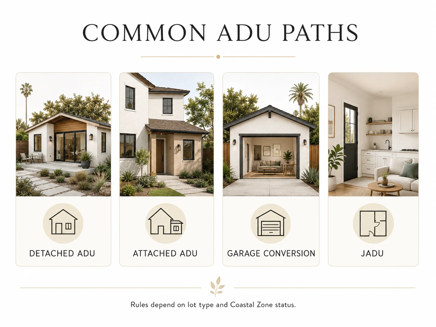 Common ADU paths in Carlsbad — detached, attached, garage conversion, and JADU side by side