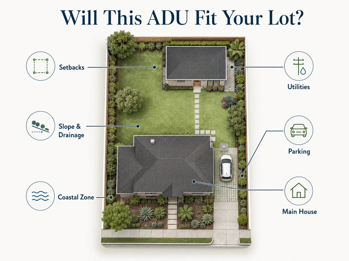 Eight Carlsbad ADU lot-fit checkpoints.