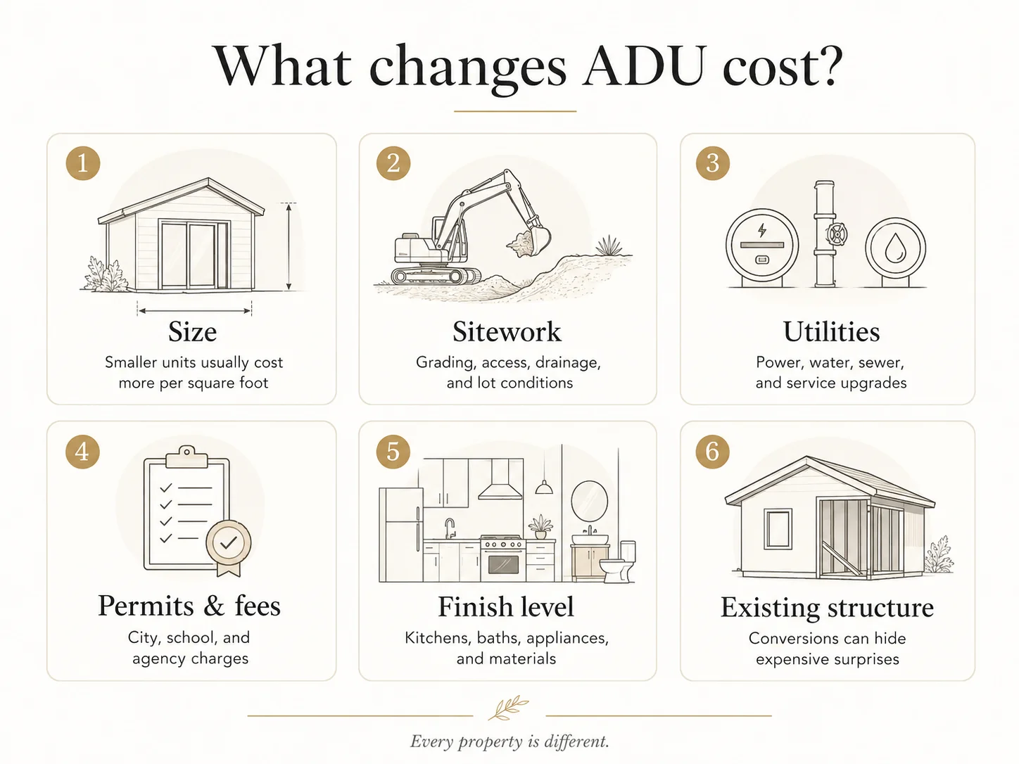Diagram showing the main factors that change ADU cost in Chula Vista: size, location, type, and fees.