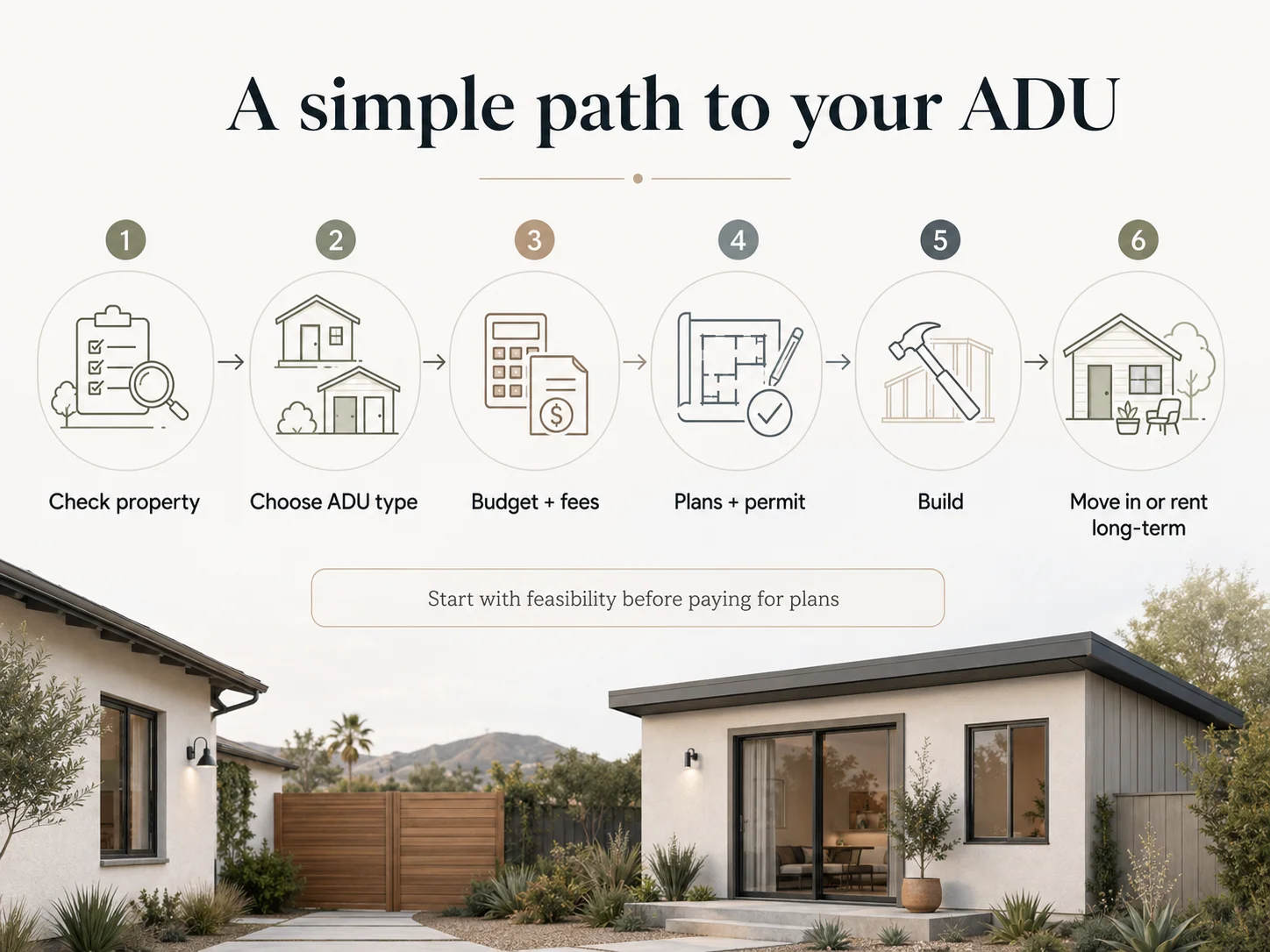 A simple path to your ADU — six-step infographic showing the Chula Vista ADU permit process from feasibility to certificate of occupancy