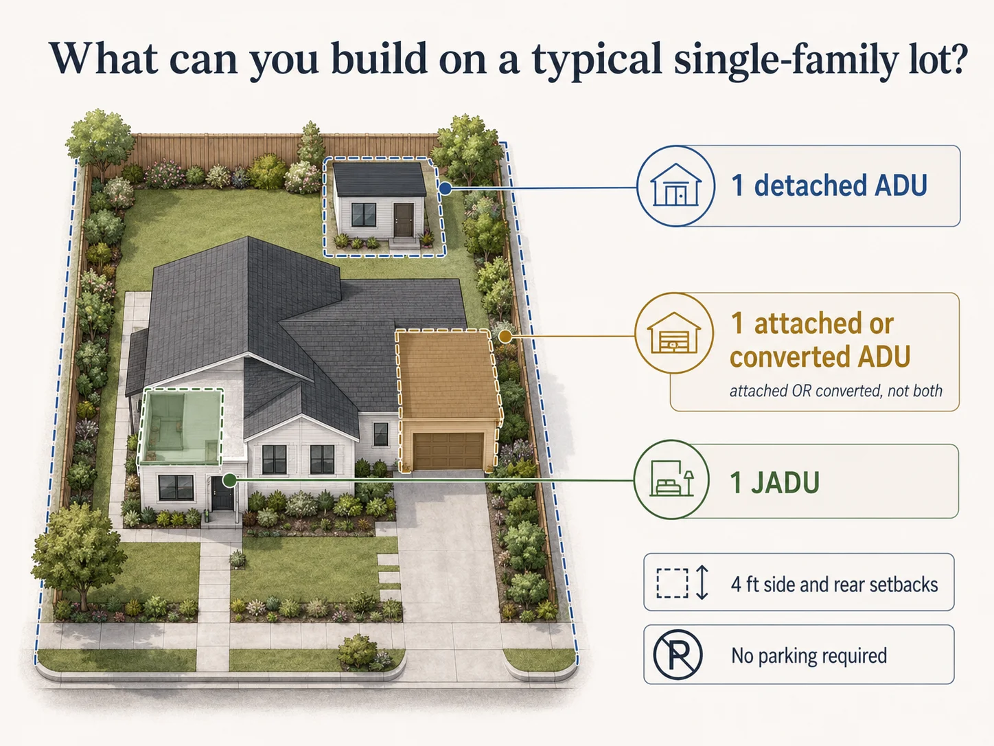 What can you build on a typical Chula Vista single-family lot — diagram showing ADU, JADU, and converted ADU placement options