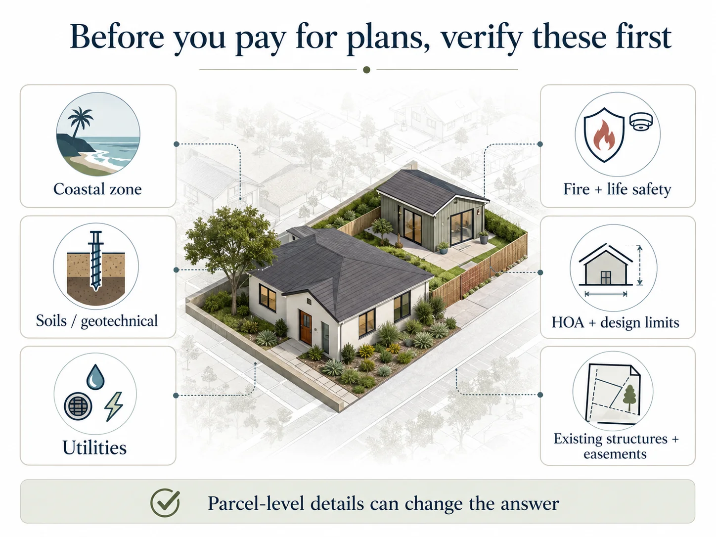 Before you pay for plans, verify these first — Chula Vista ADU pre-design checklist infographic