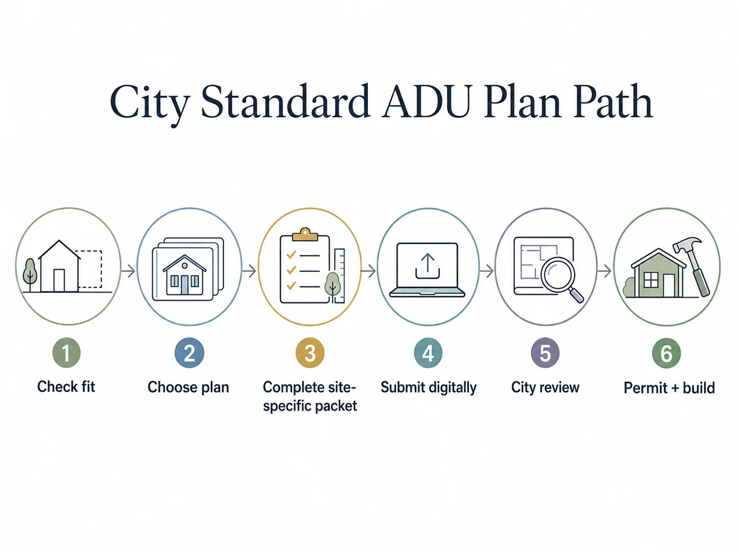 Six-step City Standard ADU Plan Path diagram: (1) Check fit, (2) Choose plan, (3) Complete site-specific packet, (4) Submit digitally, (5) City review, (6) Permit + build