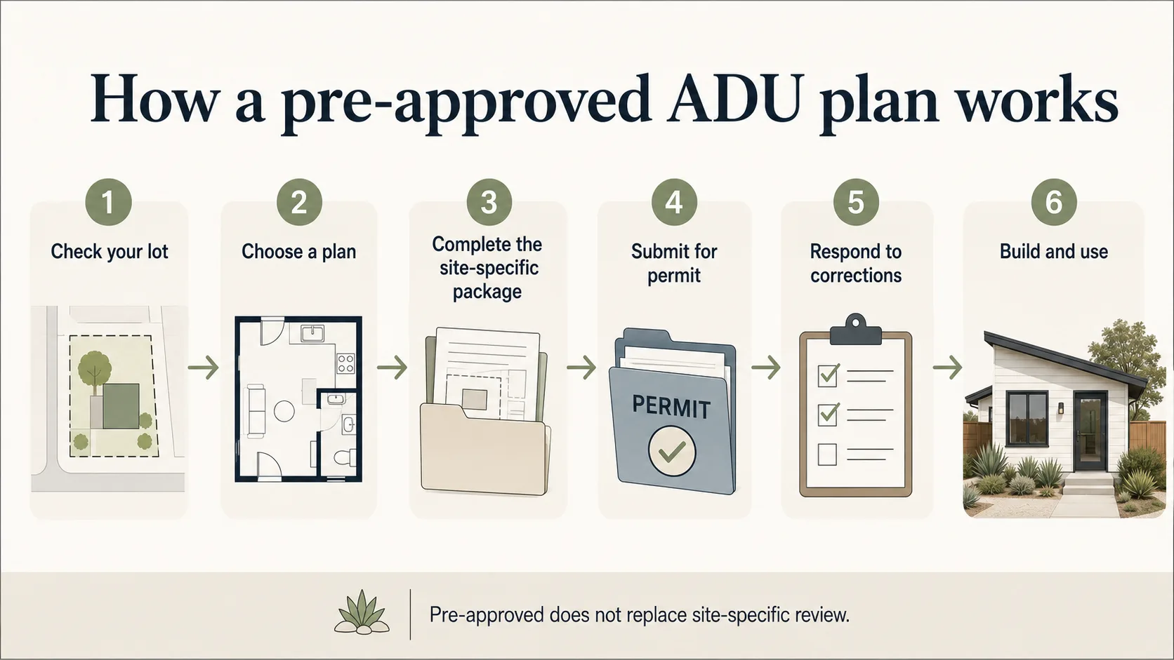 Step-by-step diagram showing how the City of San Diego pre-approved ADU plan permit process works, from parcel verification through final inspection