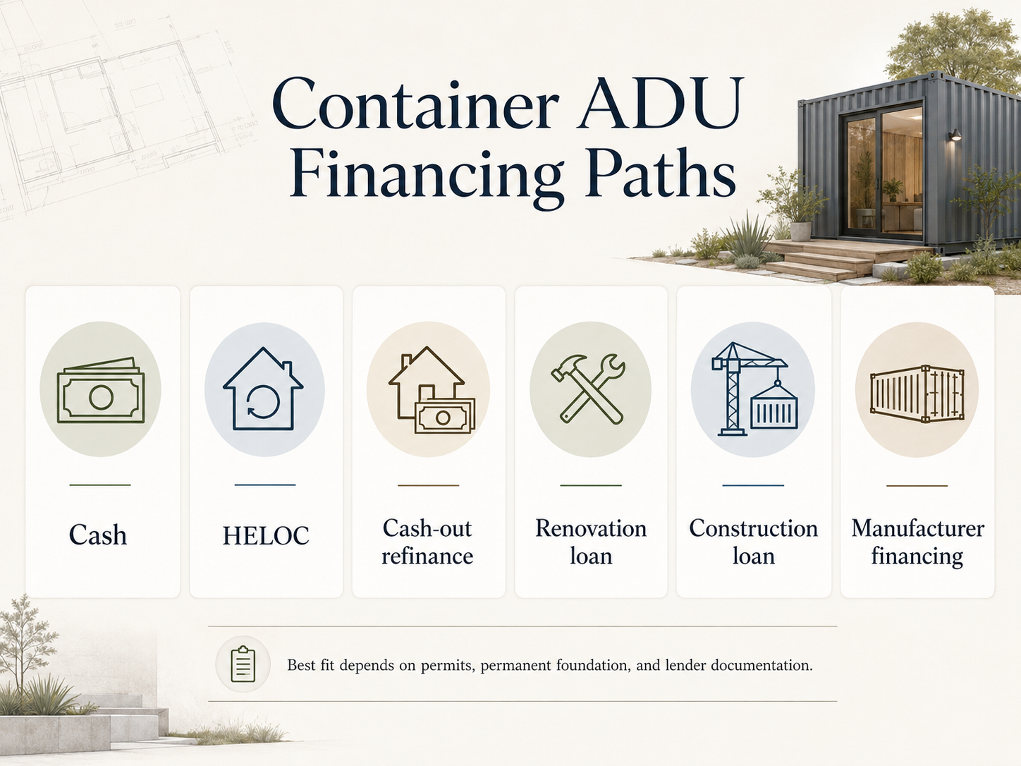 Container ADU financing paths: cash, HELOC, cash-out refinance, renovation loan, construction loan, and manufacturer financing