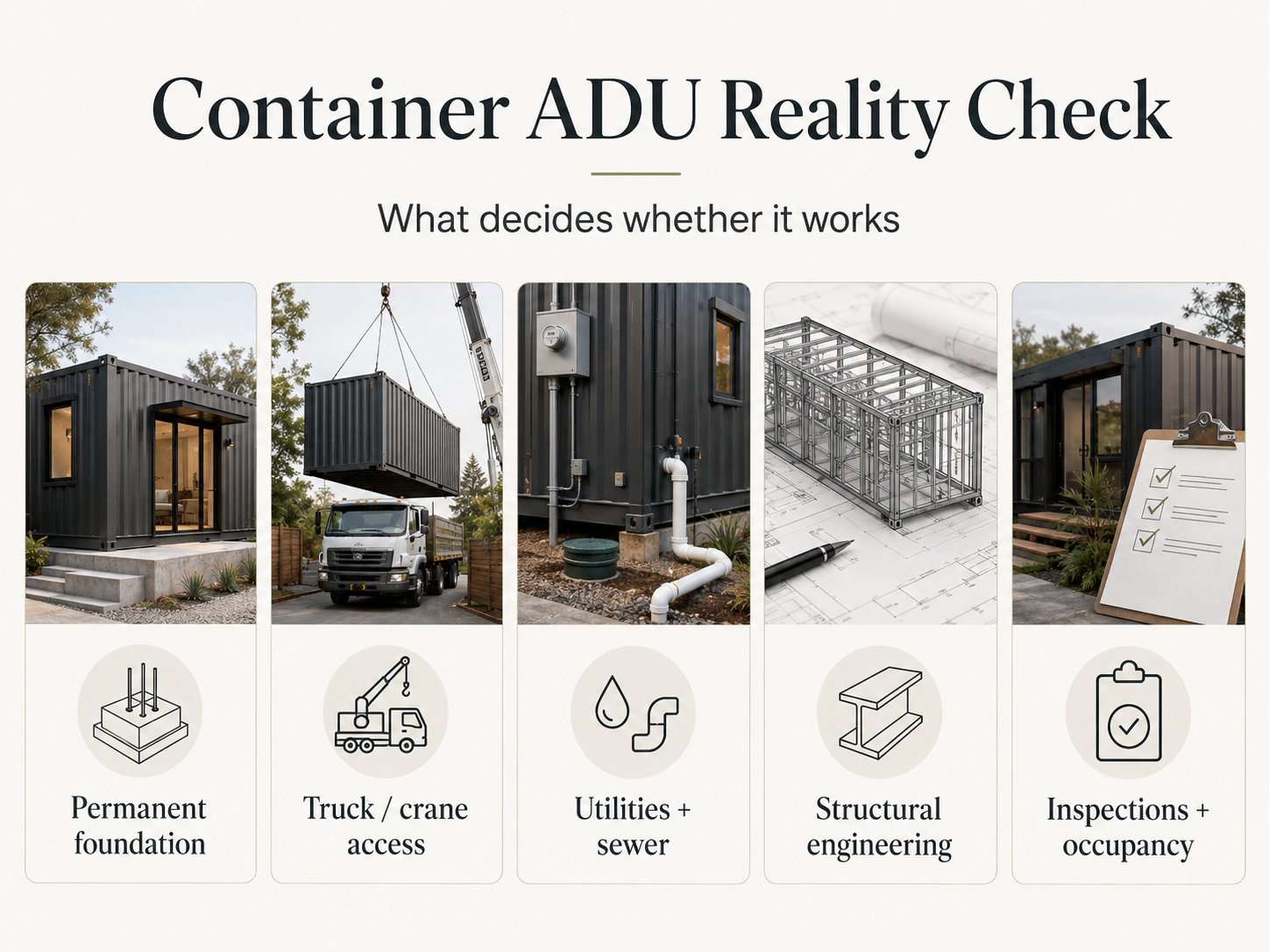 Container ADU reality check: permanent foundation, truck and crane access, utilities and sewer, structural engineering, and inspections and occupancy