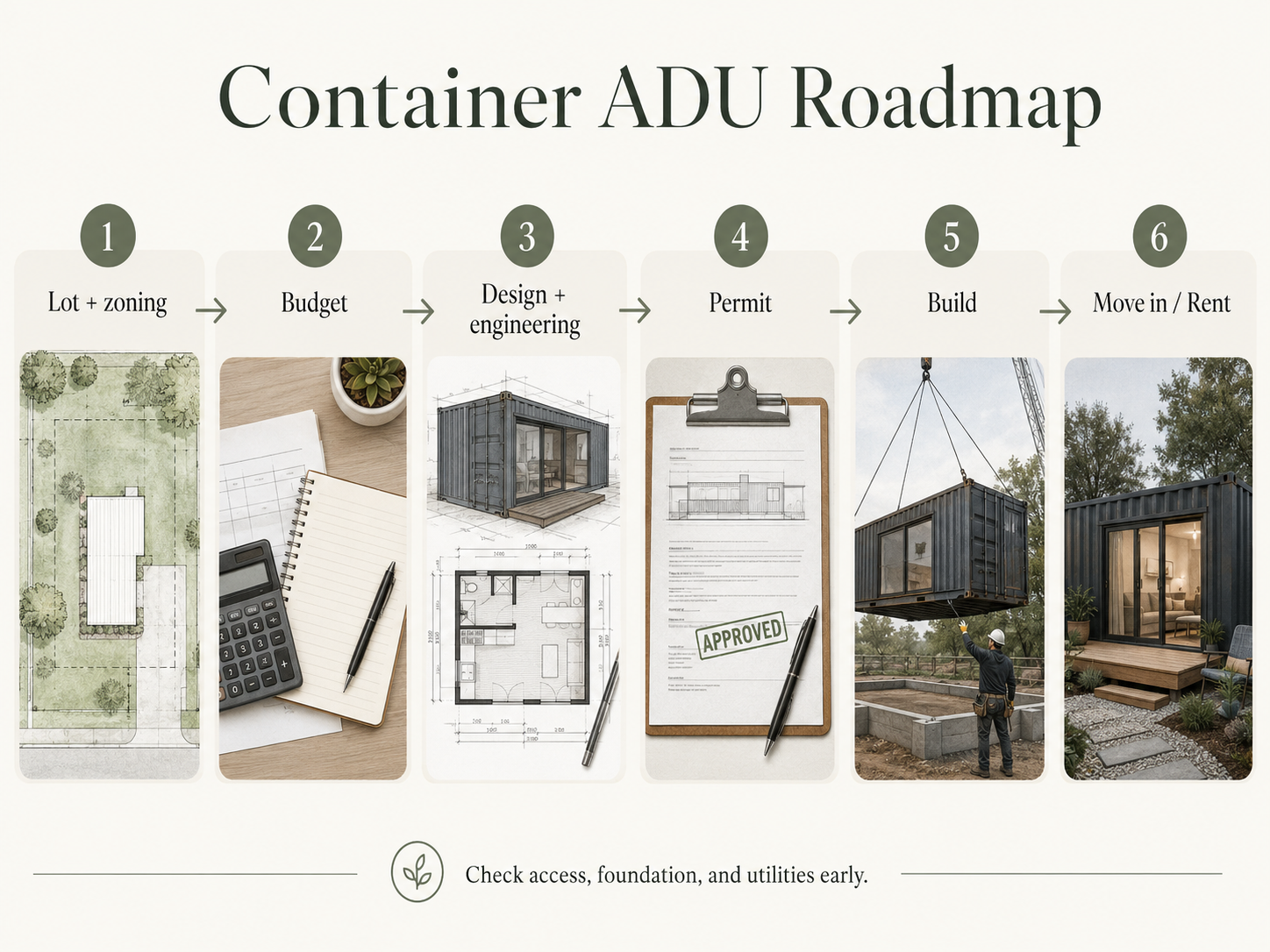 Container ADU roadmap showing 6 steps: lot and zoning check, budget, design and engineering, permit, build, and move-in or rent