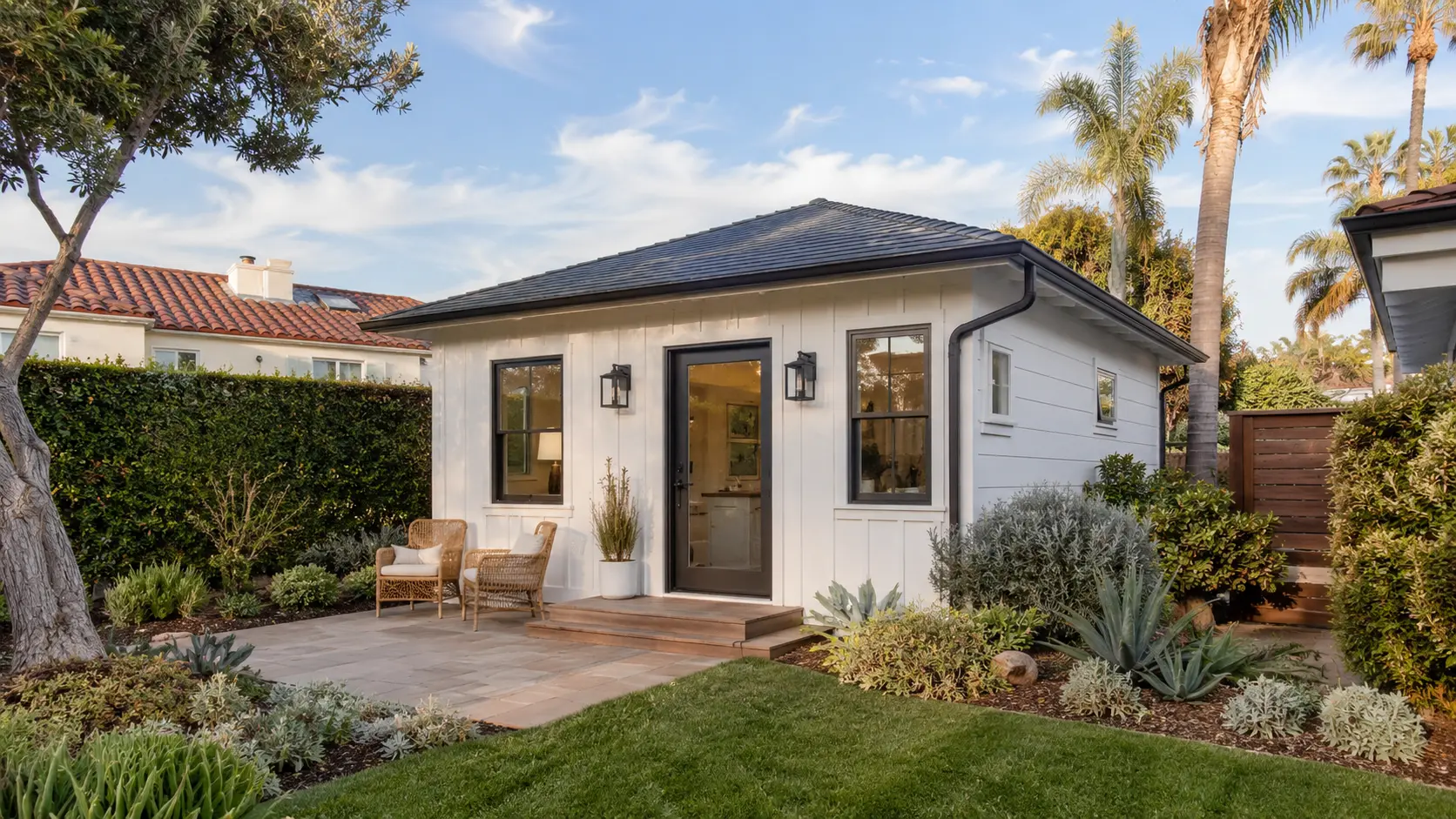 A detached accessory dwelling unit in a Coronado, California backyard.