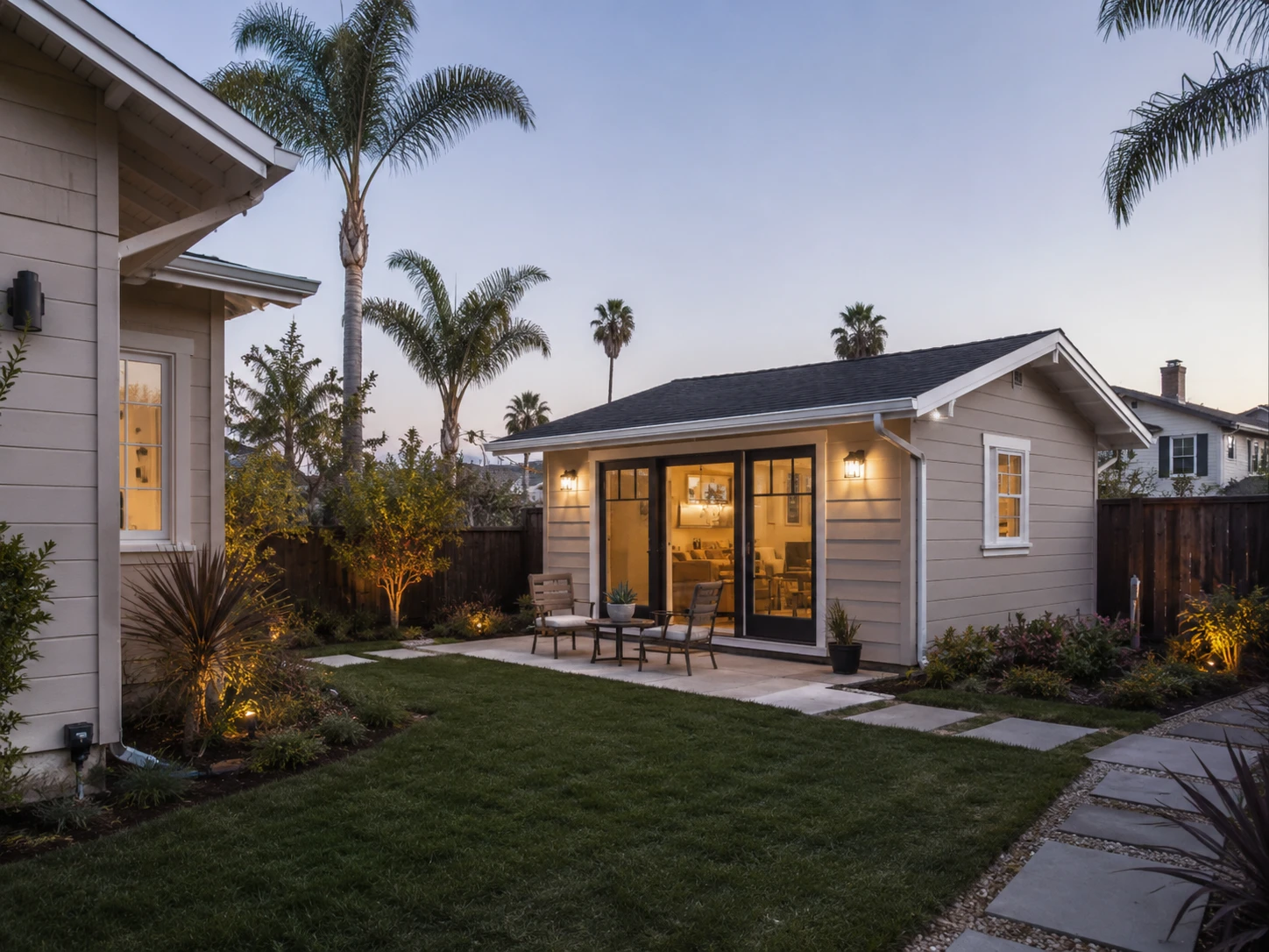 Detached Coronado ADU at dusk — backyard exterior with warm lighting showing completed construction quality