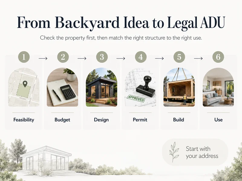 Backyard studio vs. a legal ADU with kitchen and bathroom \u2014 six steps from feasibility to legal occupancy.