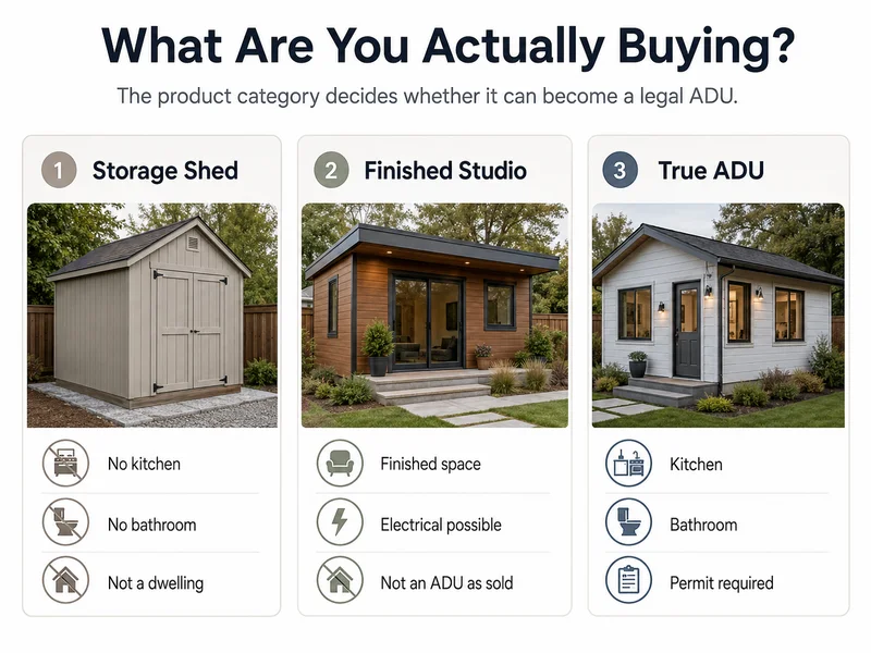 Costco Next Studio Shed page showing the Signature and Portland series.