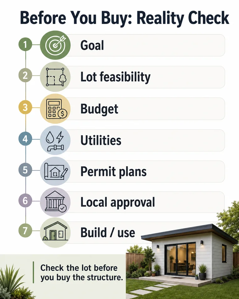 Before you buy: 7-step reality check \u2014 Goal, Lot feasibility, Budget, Utilities, Permit plans, Local approval, Build / use.
