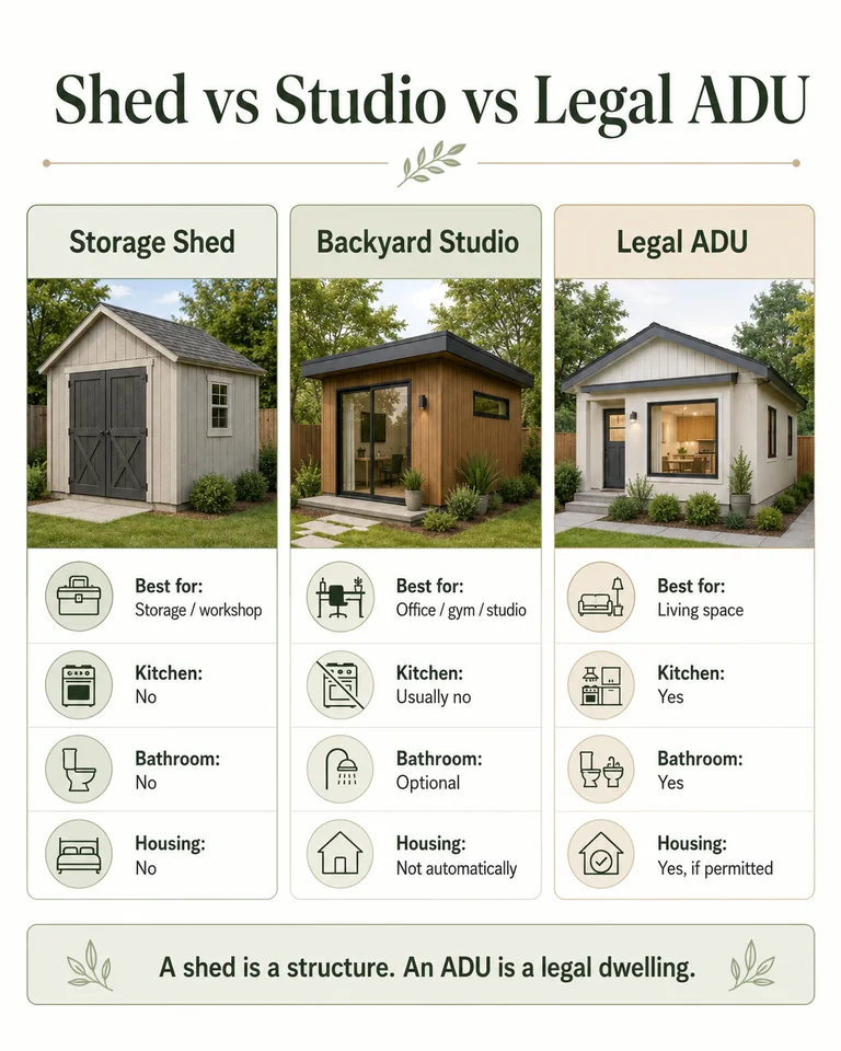 Costco shed vs. studio vs. ADU comparison \u2014 a shed is a structure; an ADU is a legal dwelling.