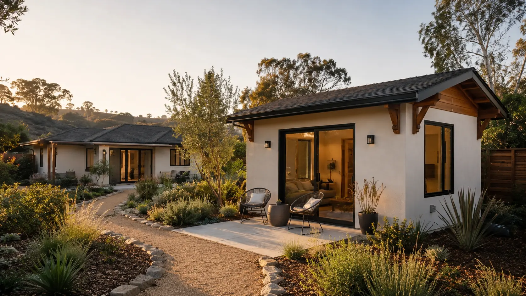 Detached ADU in unincorporated San Diego County backyard at golden hour