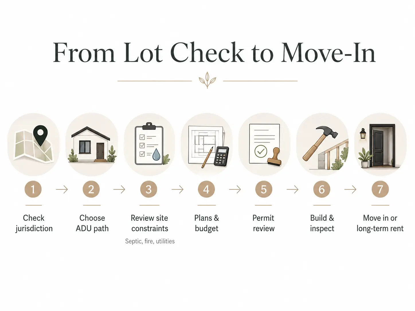 From Lot Check to Move-In: 7-step San Diego County ADU permit process — jurisdiction, ADU path, site constraints, plans, permit review, build, move in