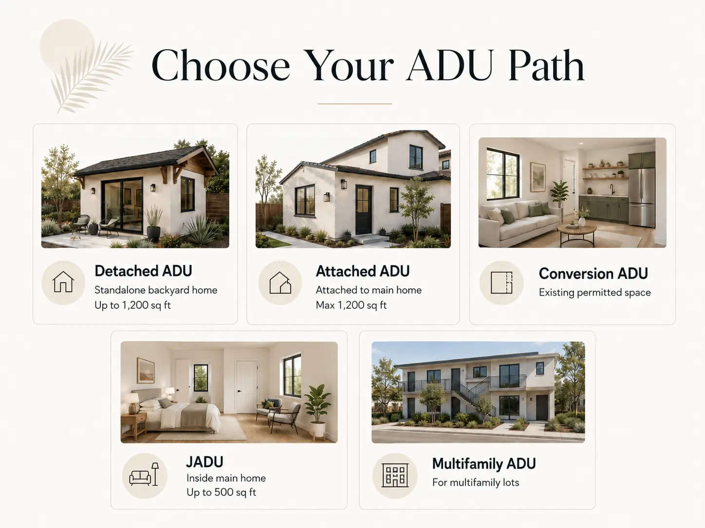 Choose Your ADU Path: Detached, Attached, Conversion, JADU, and Multifamily ADU types in unincorporated San Diego County